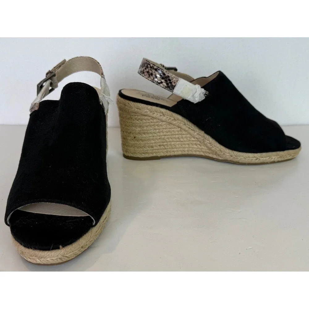 LifeStride Trina Wedge Sandal Black Suede Upper Snakeskin-Print Slingback Sz 9.5